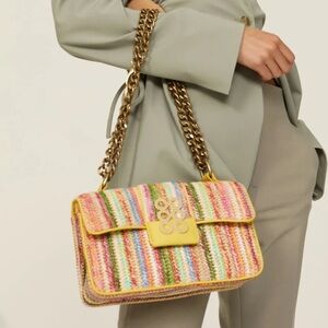 Multicolor Woven Shoulder Bag with Yellow Trim and Gold Chain Hardware